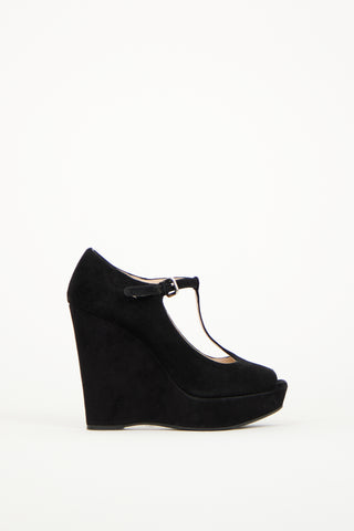 Prada Black Suede Peep Toe Wedge Heel