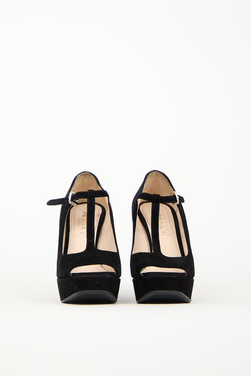 Prada Black Suede Peep Toe Wedge Heel