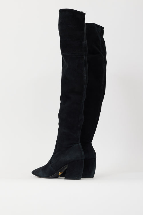 Prada Black Suede Thigh High Heeled Boot