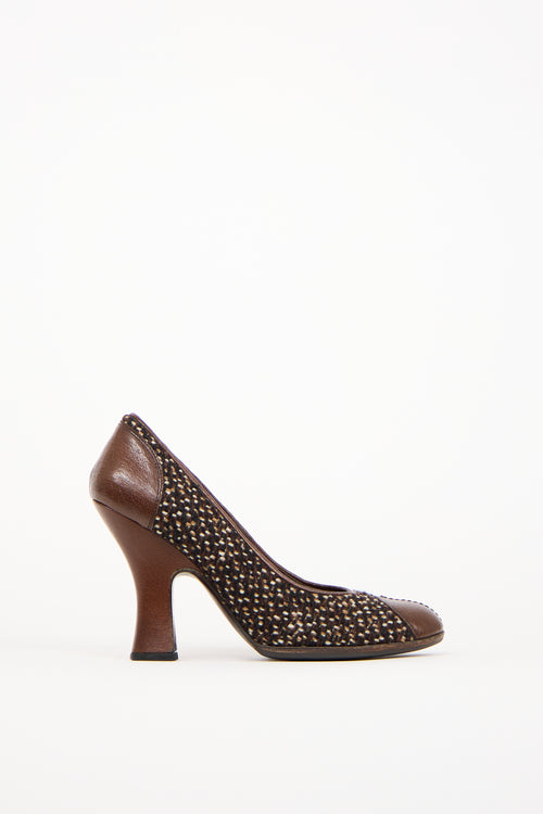 Prada Brown Melange Tweed Leather Toe Heel