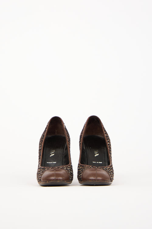 Prada Brown Melange Tweed Leather Toe Heel