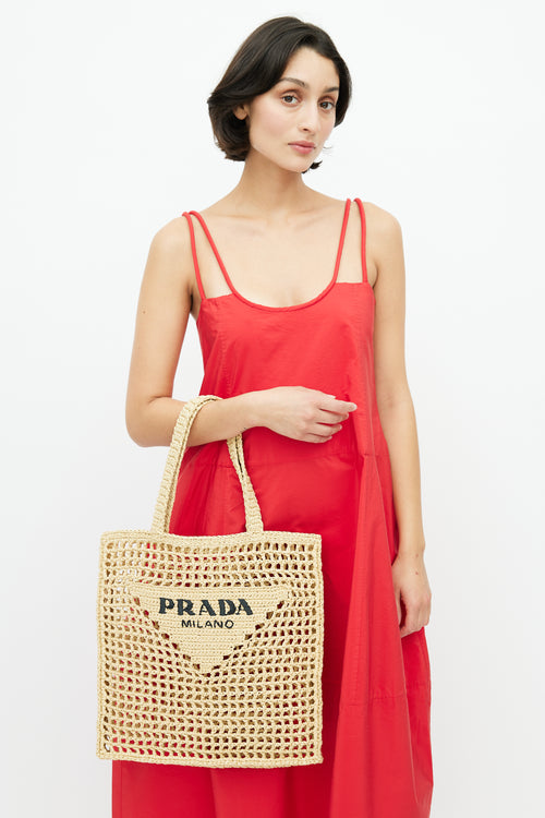 Beige Raffia Crochet Logo Tote