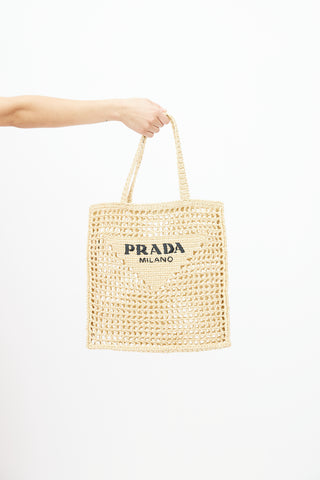 Beige Raffia Crochet Logo Tote