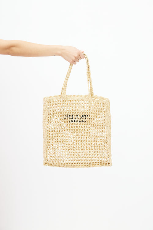 Beige Raffia Crochet Logo Tote