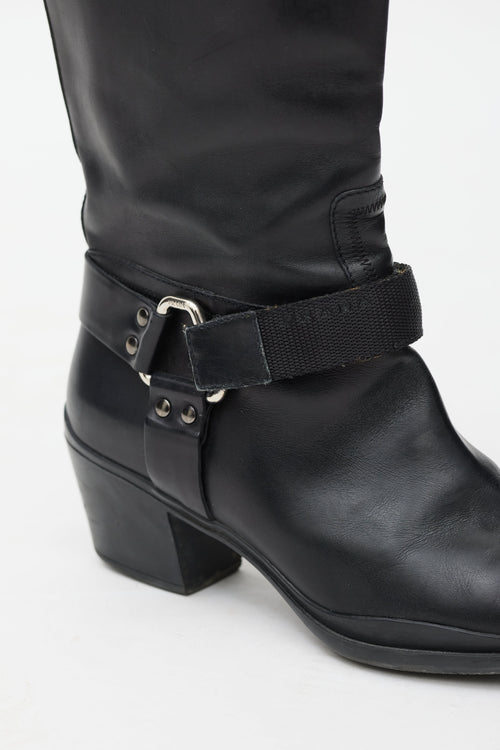 Prada Black Leather Velcro Strap Harness Boot