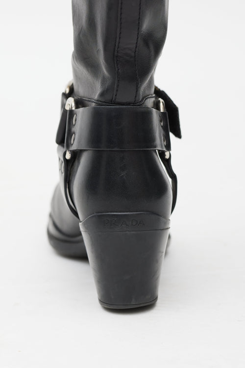 Prada Black Leather Velcro Strap Harness Boot