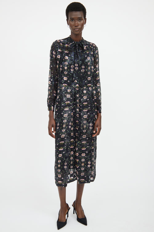 Preen Pink 
Black Floral Long Sleeve Dress