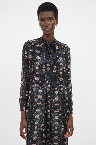 Preen Pink 
Black Floral Long Sleeve Dress