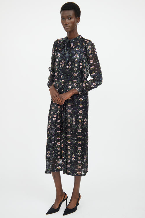 Preen Pink 
Black Floral Long Sleeve Dress