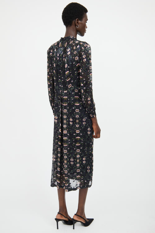 Preen Pink 
Black Floral Long Sleeve Dress