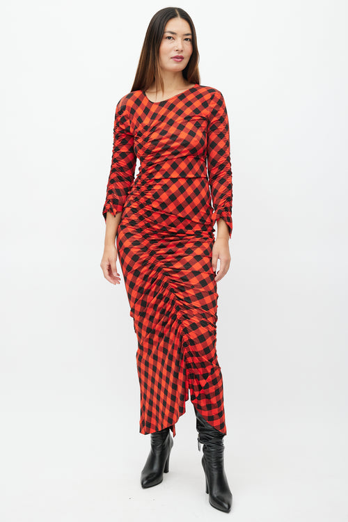 Preen Red 
Black Plaid Ruched Dress