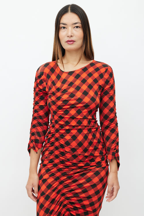 Preen Red 
Black Plaid Ruched Dress