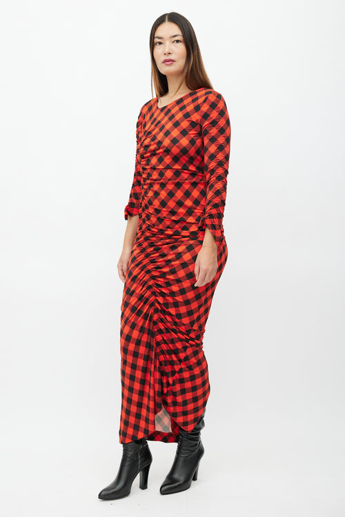 Preen Red 
Black Plaid Ruched Dress