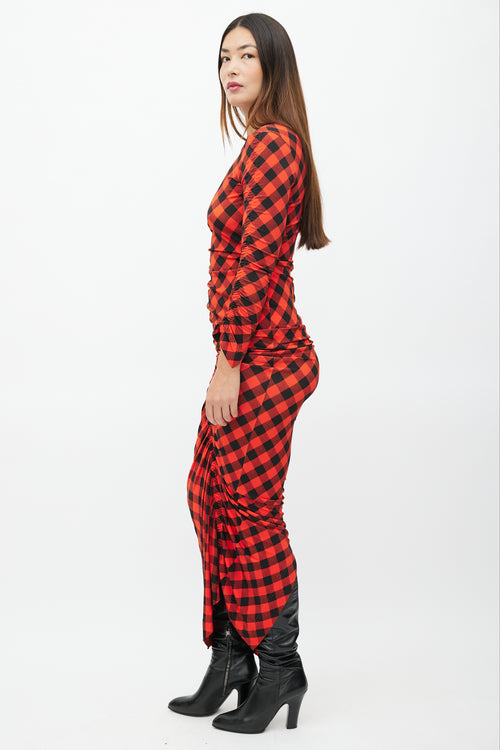 Preen Red 
Black Plaid Ruched Dress