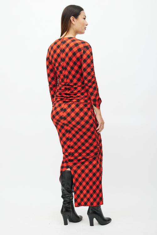 Preen Red 
Black Plaid Ruched Dress