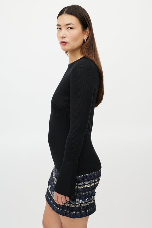 Proenza Schouler Black Silk Ribbed Bell Sleeve Sweater