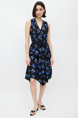 Proenza Schouler Blue 
Black Floral Print  Dress