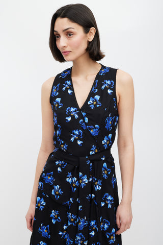 Proenza Schouler Blue 
Black Floral Print  Dress