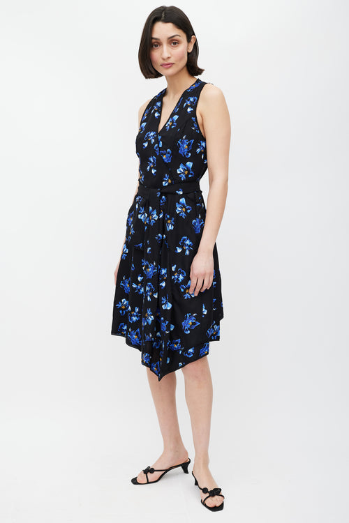 Proenza Schouler Blue 
Black Floral Print  Dress