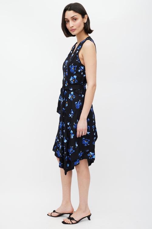 Proenza Schouler Blue 
Black Floral Print  Dress