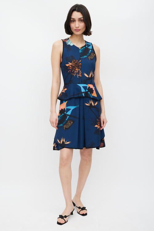 Proenza Schouler Blue Floral Print Peplum Dress