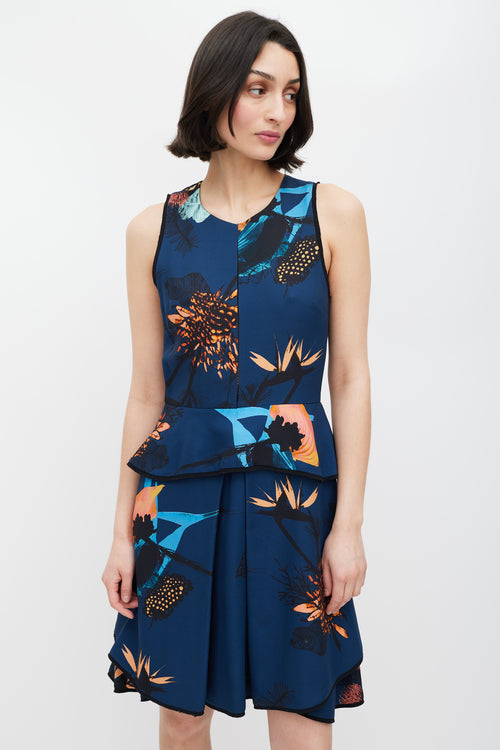 Proenza Schouler Blue Floral Print Peplum Dress