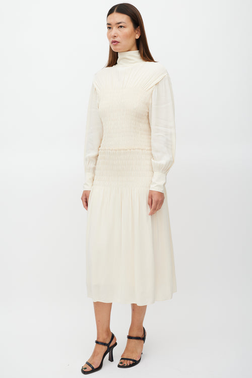 Proenza Schouler Cream Long Sleeve Smocked Dress