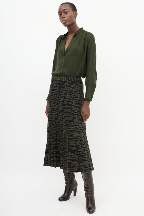 Proenza Schouler Green 
Black Intarsia Stripe Pleated Midi Skirt