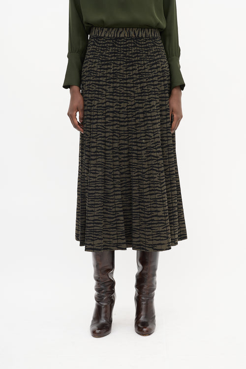 Proenza Schouler Green 
Black Intarsia Stripe Pleated Midi Skirt