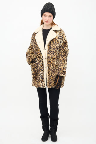 R13 Beige 
Black Faux Fur Printed Coat