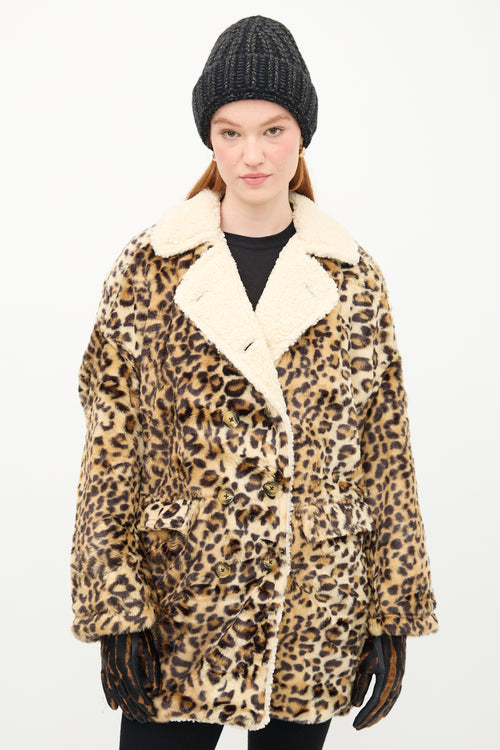 R13 Beige 
Black Faux Fur Printed Coat