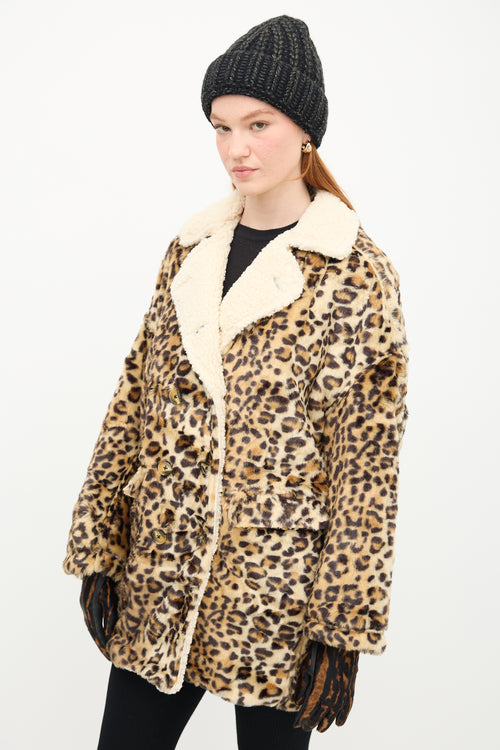 R13 Beige 
Black Faux Fur Printed Coat