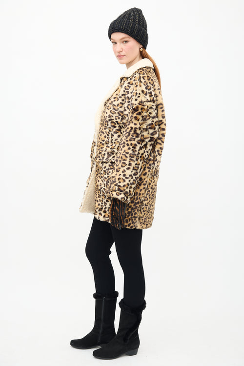 R13 Beige 
Black Faux Fur Printed Coat