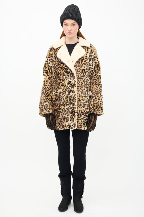 R13 Beige 
Black Faux Fur Printed Coat