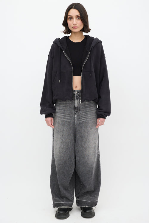 R13 Black Balloon Zip Up Cropped Hoodie