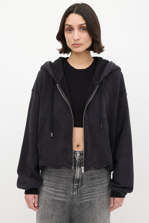 R13 Black Balloon Zip Up Cropped Hoodie