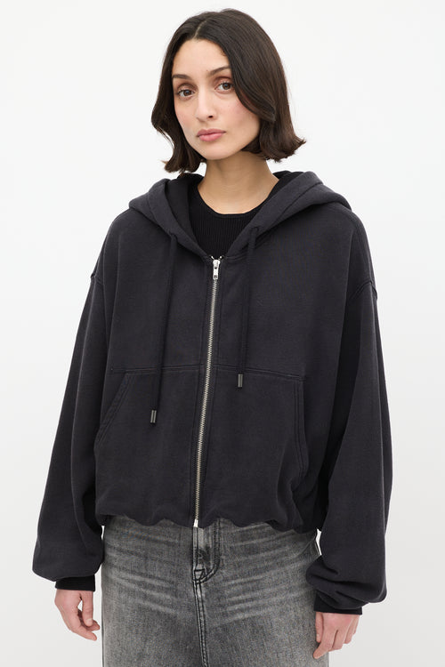 R13 Black Balloon Zip Up Cropped Hoodie