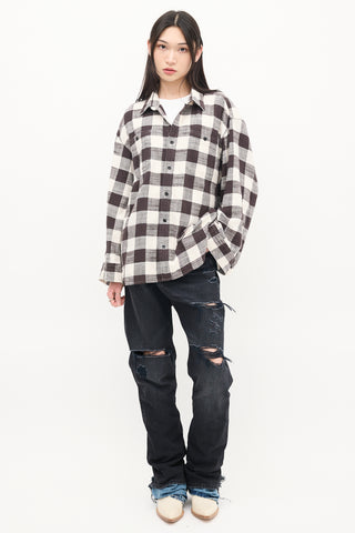 R13 Black 
White Cotton Check Oversized Sleeve Shirt