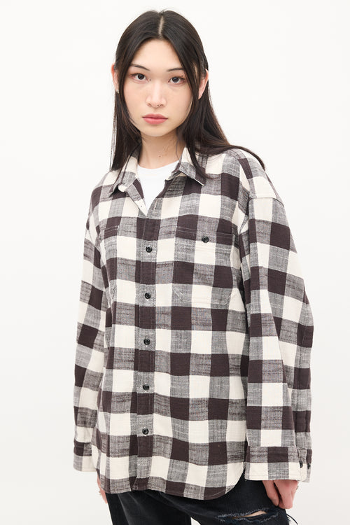 R13 Black 
White Cotton Check Oversized Sleeve Shirt