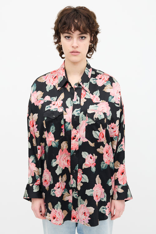 R13 Black 
Multi Silk Floral Cowboy Shirt