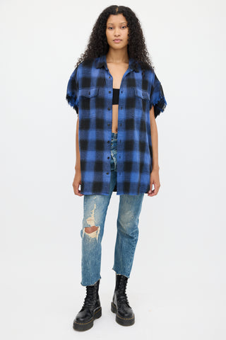 R13 Blue 
Black Plaid Oversized Cut Off Shirt