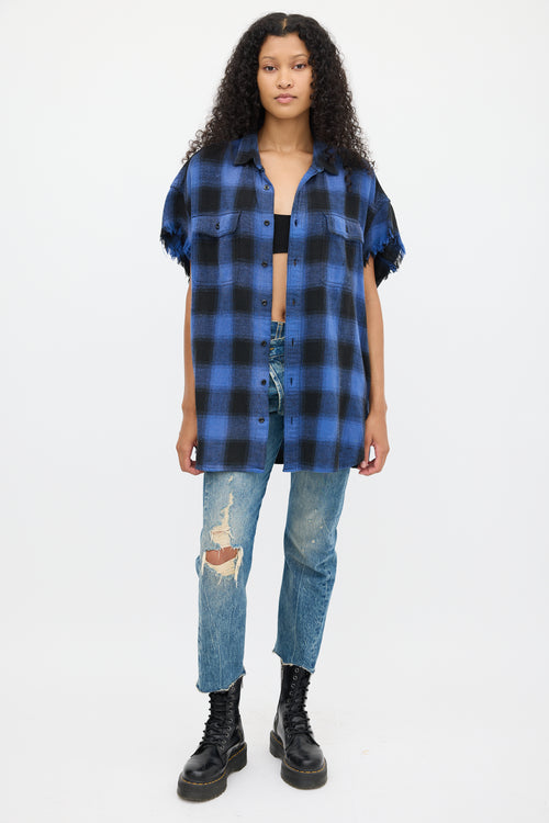 R13 Blue 
Black Plaid Oversized Cut Off Shirt