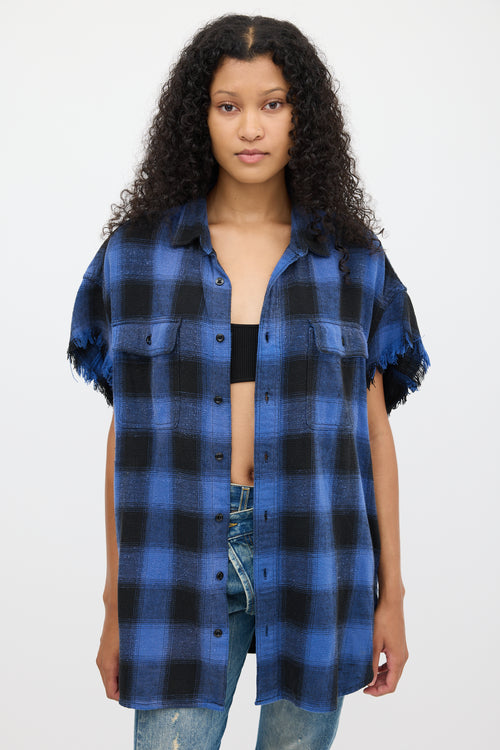 R13 Blue 
Black Plaid Oversized Cut Off Shirt