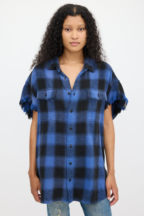 R13 Blue 
Black Plaid Oversized Cut Off Shirt