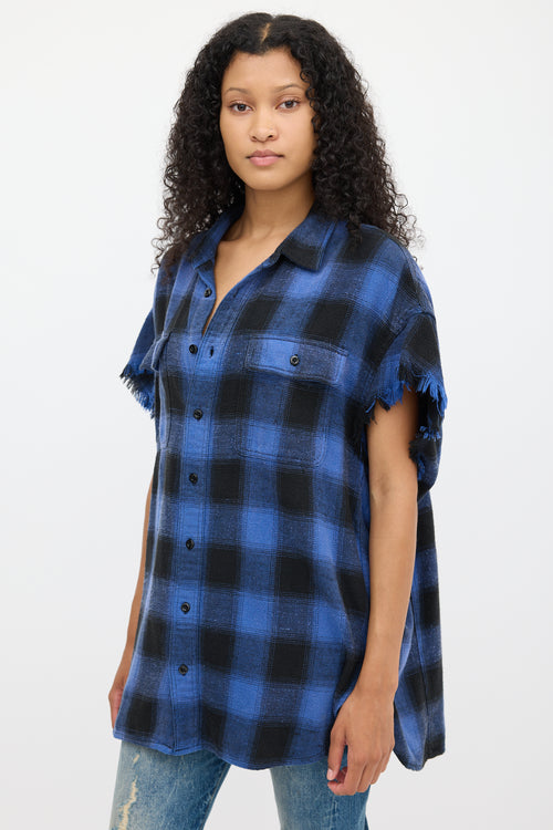 R13 Blue 
Black Plaid Oversized Cut Off Shirt