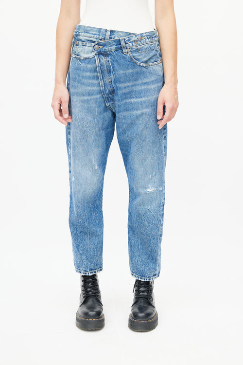 R13 Blue Distressed Washed Crossover Denim Jeans