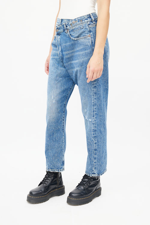 R13 Blue Distressed Washed Crossover Denim Jeans