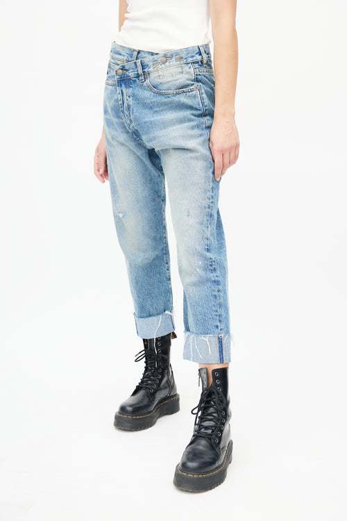 R13 Blue Raw Hem Crossover Denim Jeans