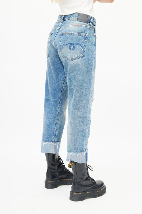 R13 Blue Raw Hem Crossover Denim Jeans