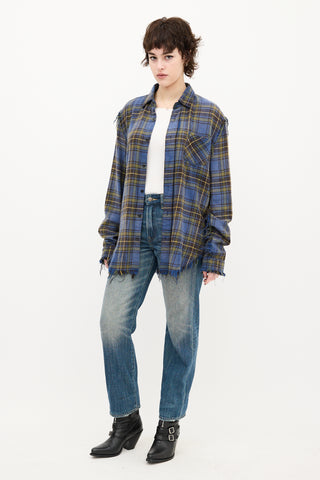 R13 Blue 
Yellow Plaid Shredded Seam Shirt